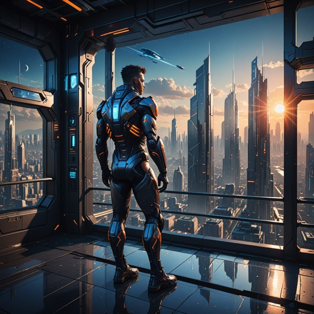 Cyberpunk Warrior Stares Out Over a Futuristic Cityscape