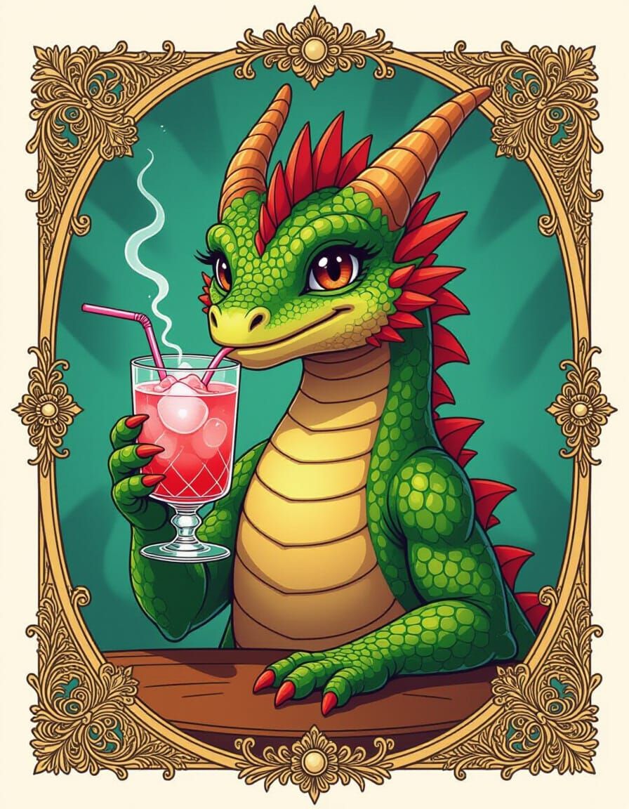 Anthropomorphic Dragon Sips Cocktail in Atmospheric Ireland