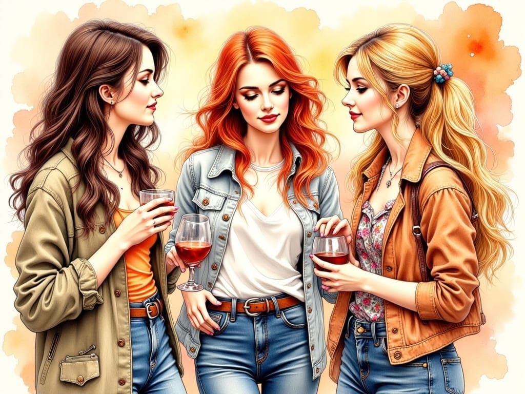 College Reunion: Ink Drawing of Three Women