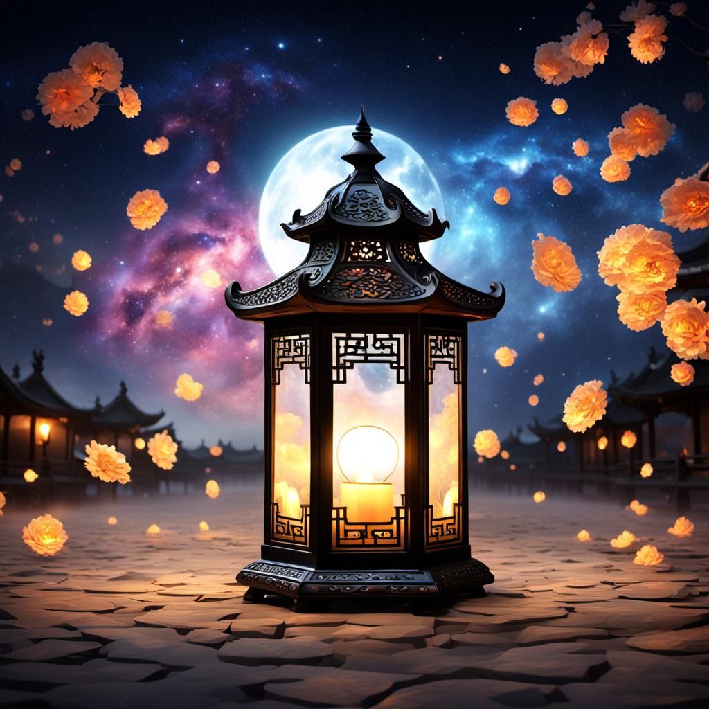 Magical Golden Lantern Displaying Galaxy of Memories