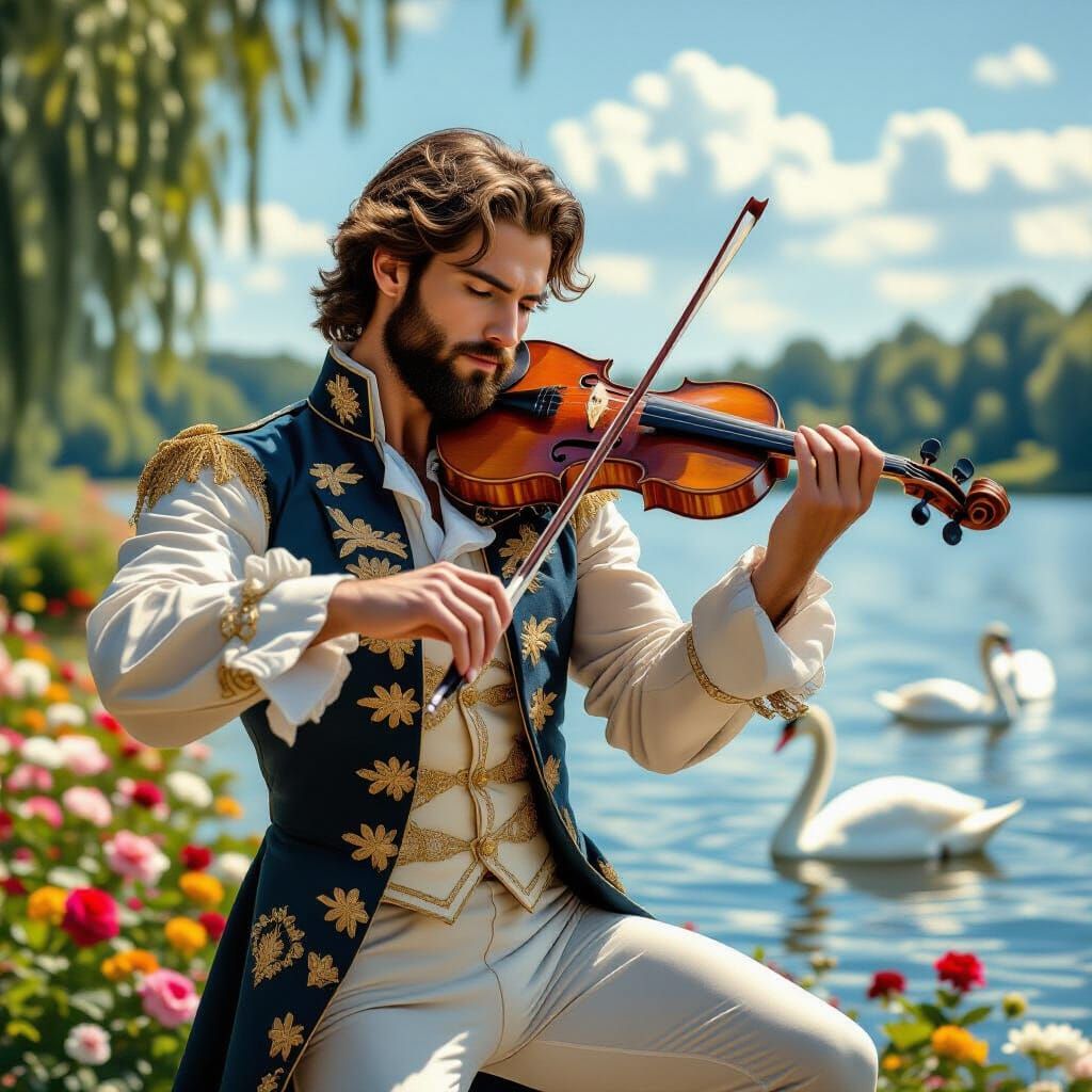 Bearded Ballet Dancer Plays Violin Amidst Floral Danube Land...
