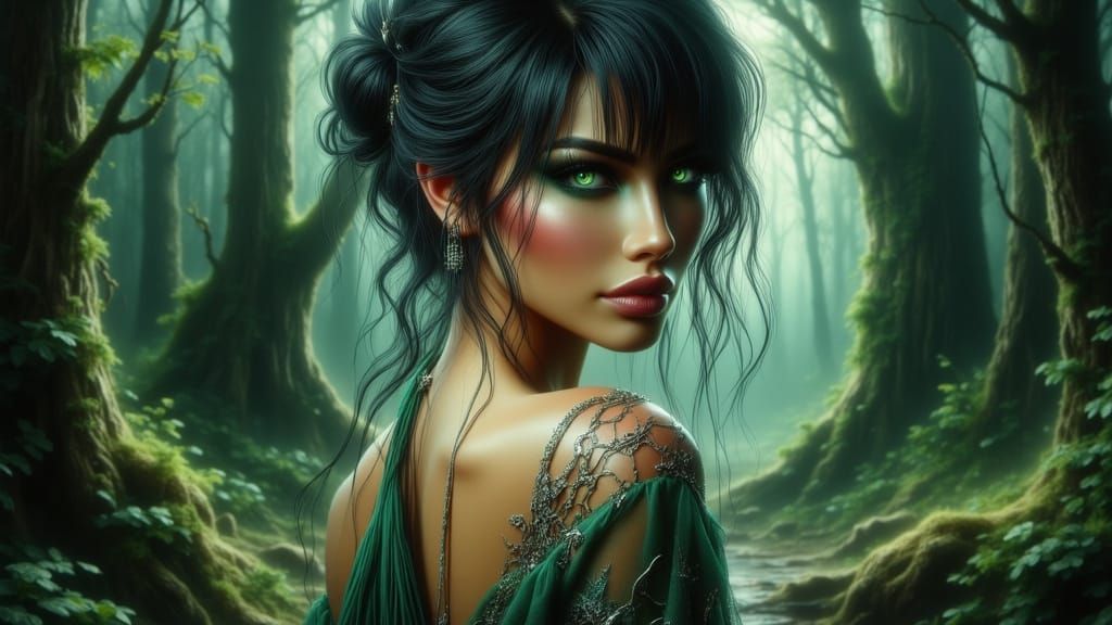 Woman in Emerald Gown in Art Nouveau Style