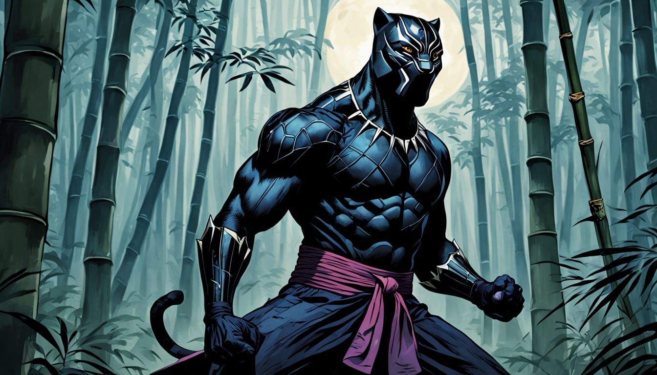 Panther Karate Master in Misty Bamboo Forest