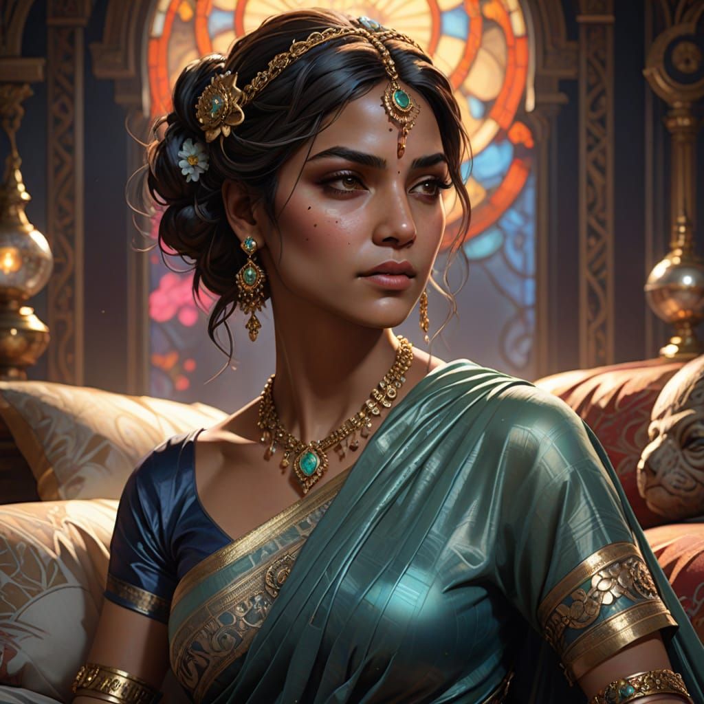 Bold Woman in Transparent Saree and Jewels, Hyperrealistic P...