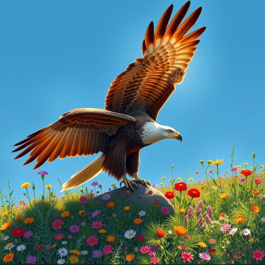 Regal Golden Eagle Soars in Azure Sky Amidst Vibrant Wildflo...