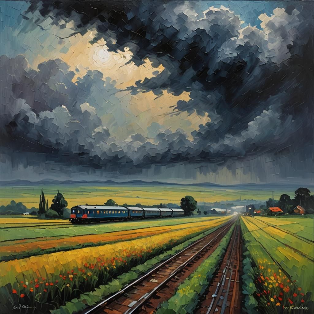 Gloomy Train in Fields: Expressionist Oil Painting