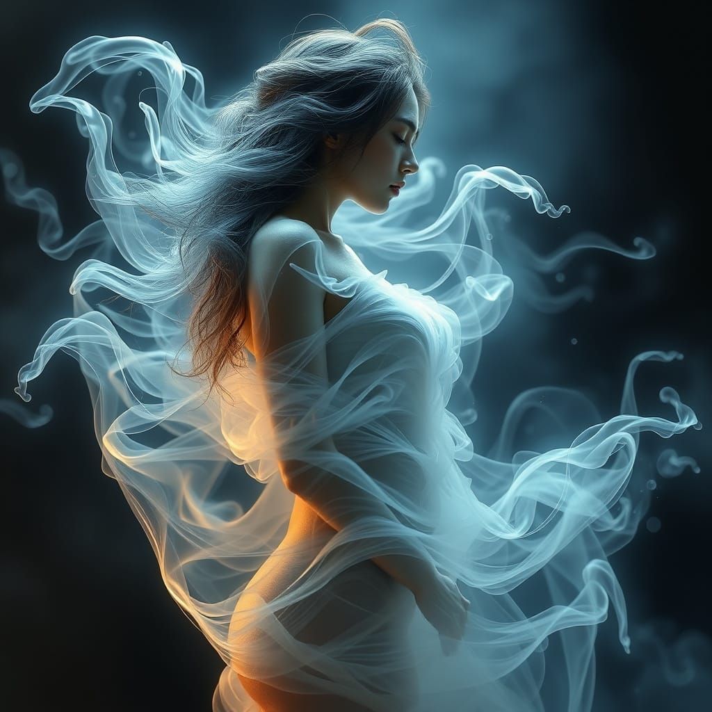 Ethereal Water Vapor Woman in Dreamlike Realm