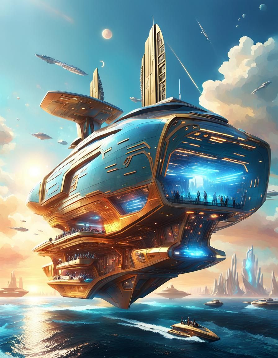 Futuristic Ship Sails Across Sparkling Sea