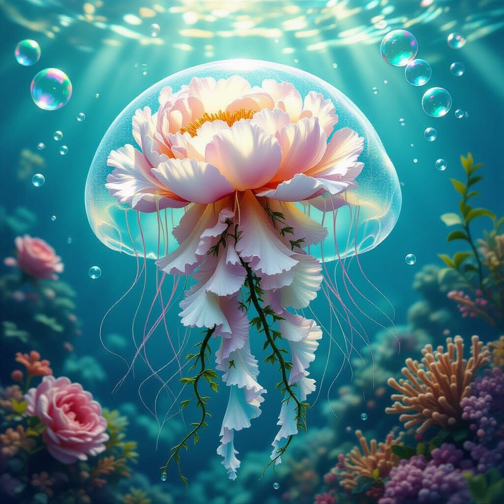 Floral Jellyfish with Coral Reef, Photorealistic Style