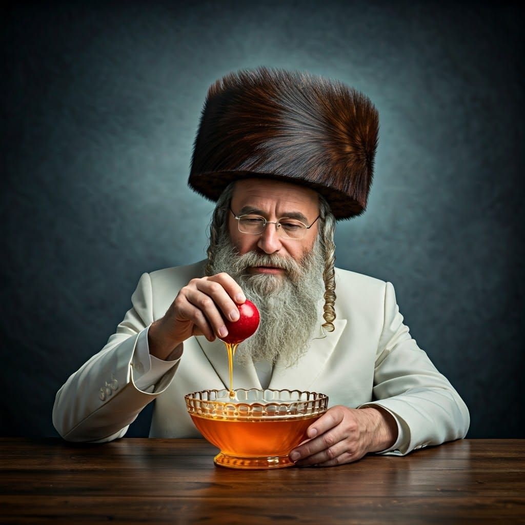 Radiant Orthodox Jew Dipping Apple in Honey