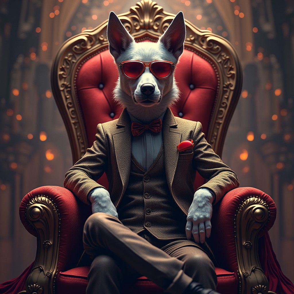 Sigma Dog on Throne with Glasses in Cyberpunk Style