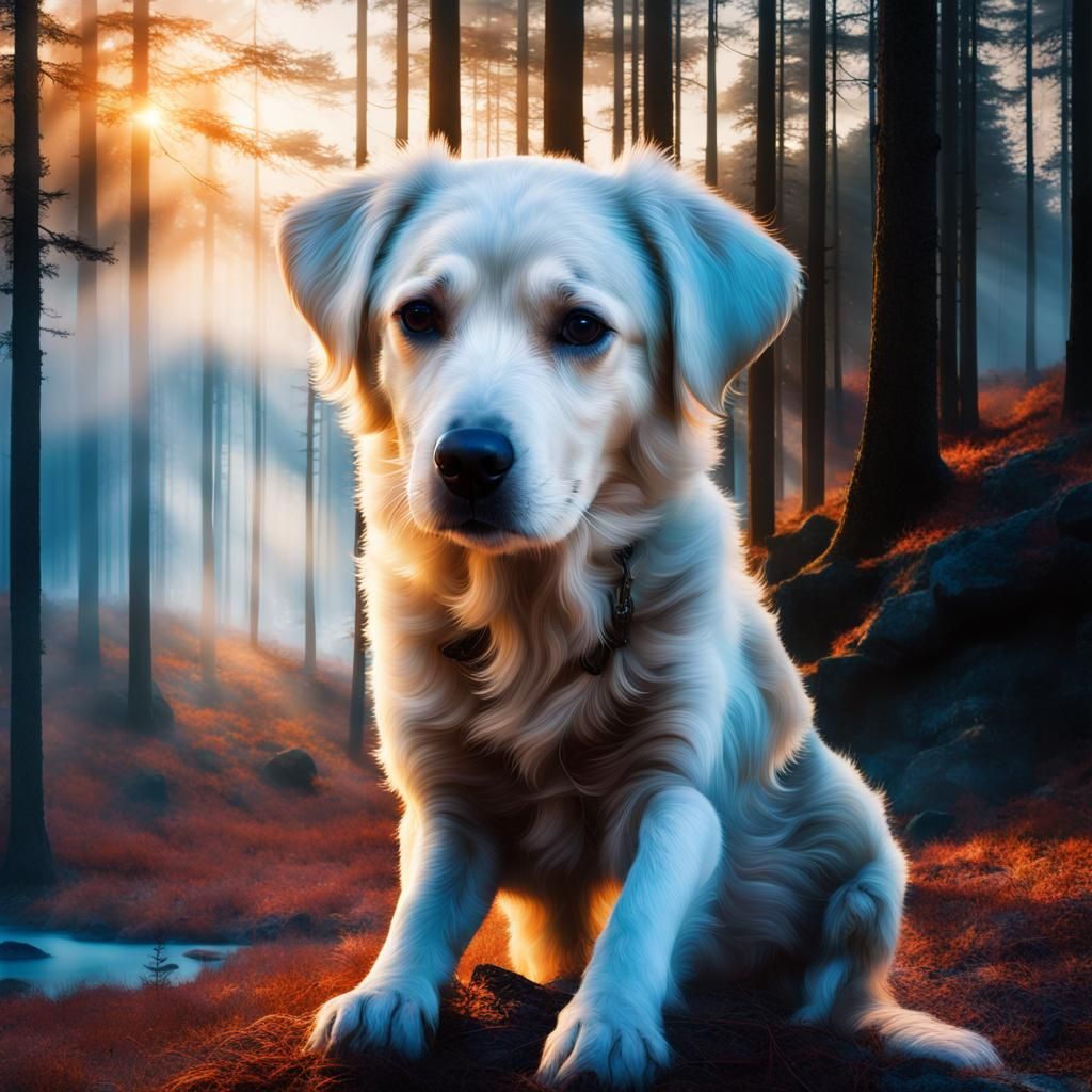 Double Exposure: Beach Dog and Forest Woman