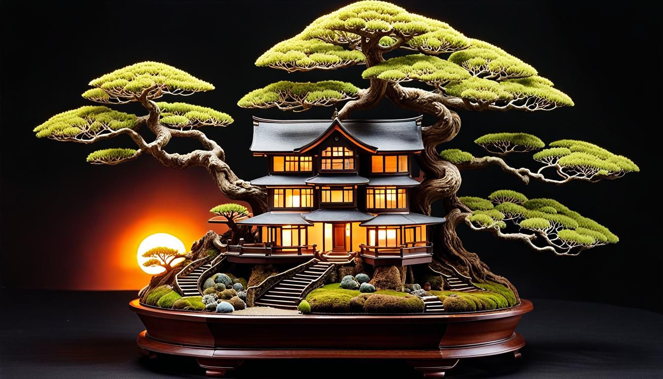 Bonsai Sunset Double Exposure Watercolor Art