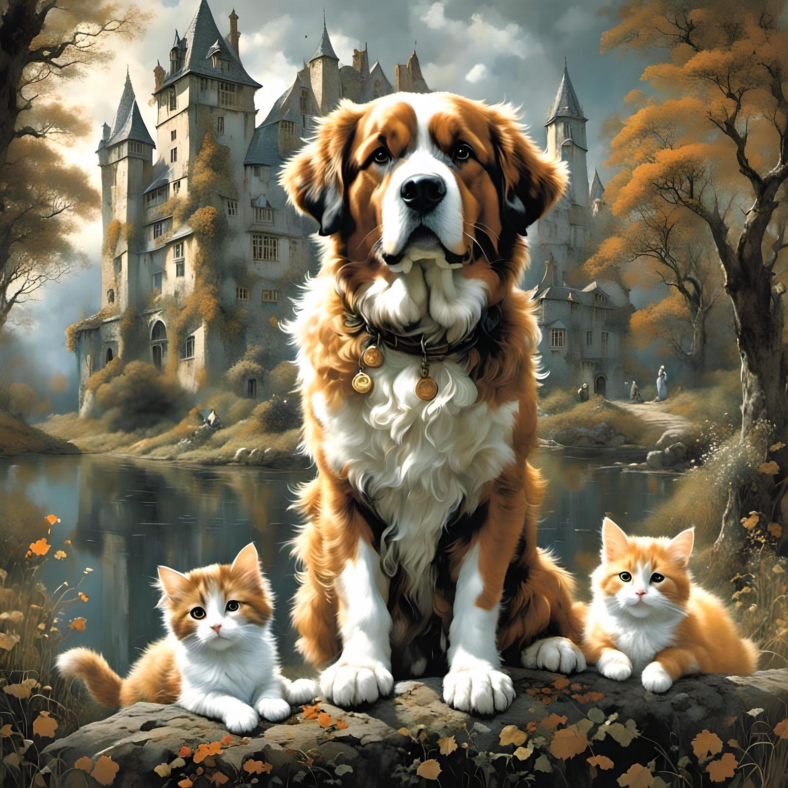 Saint Bernard, Cat, and Kitten in Castle Courtyard