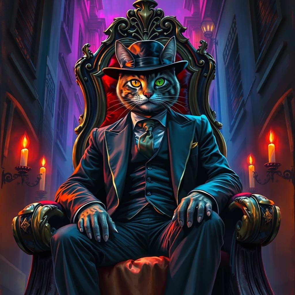 Mysterious Feline Overlord Reigns in Dark, Atmospheric Lair