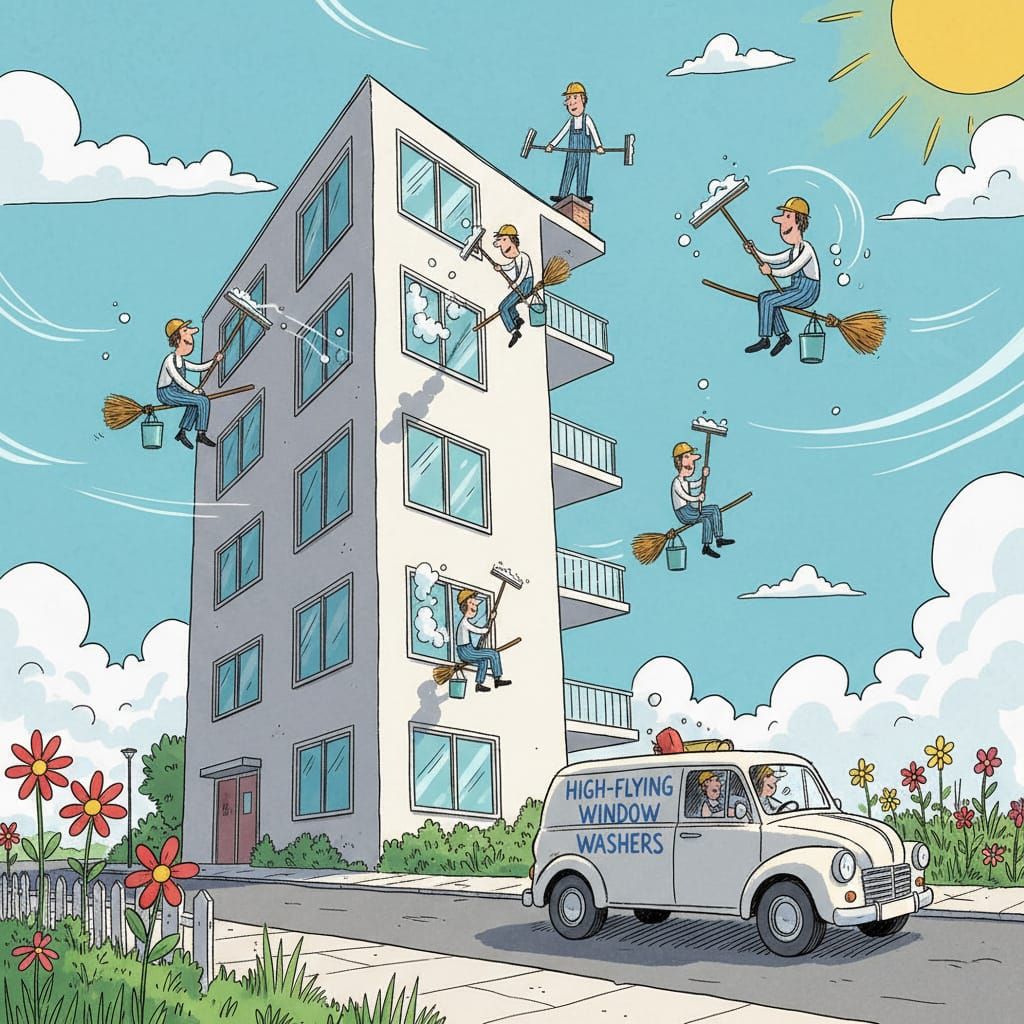 Whimsical Window Cleaners Ride Brooms at Modern Flats