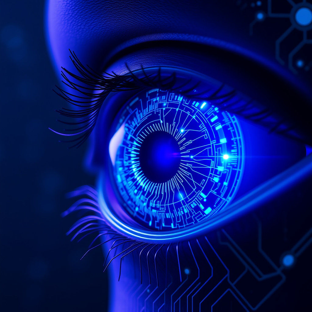 Futuristic AI Eye Close-up with Holographic Reflections