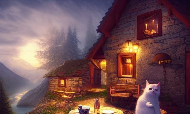 Night Cafe: Mountain Cottage Scene with Cat