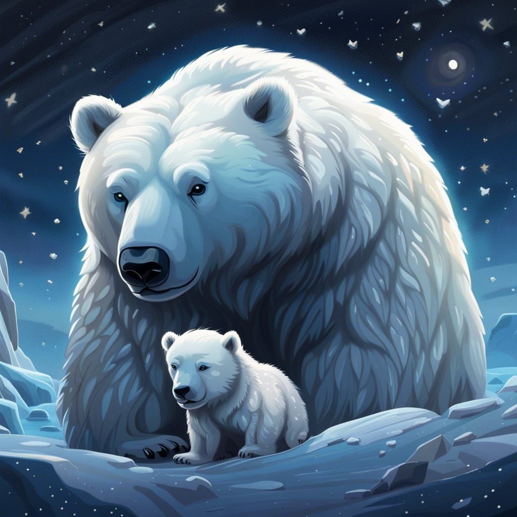 Disney Style Polar Bear Family Under Starlight
