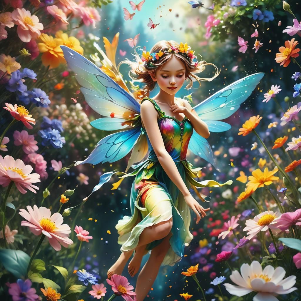 Fairy in a Blooming Garden: Hyperrealistic Splash Art