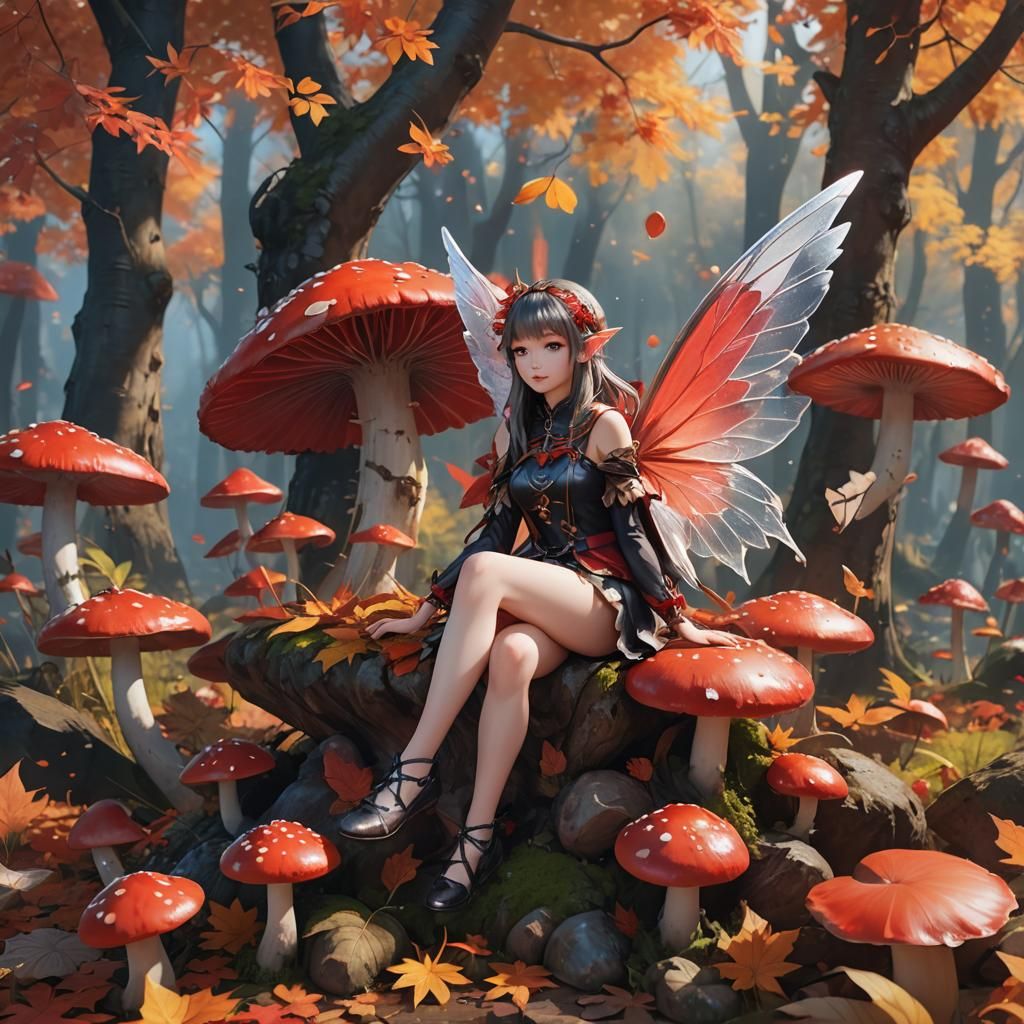 Winged Fairy on Mushroom in Anime Style