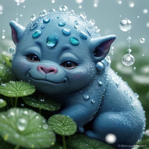 Baby Swedish Troll with Dewdrops in Anime Style