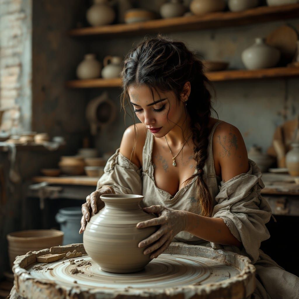 Artist at Work with Clay Vase in Fantastical Studio