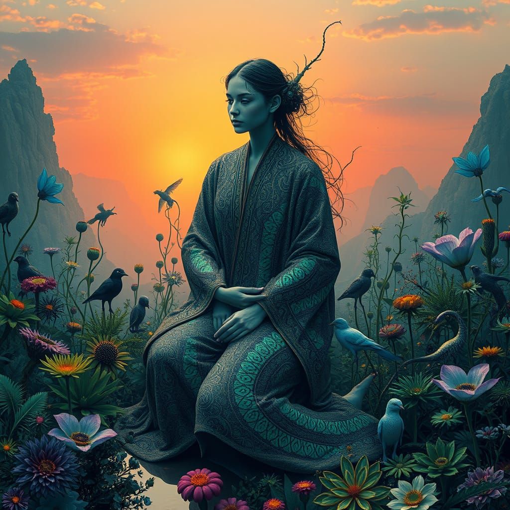 Ethereal Figure in Mystical Realm with Vibrant Fantasy Plant...