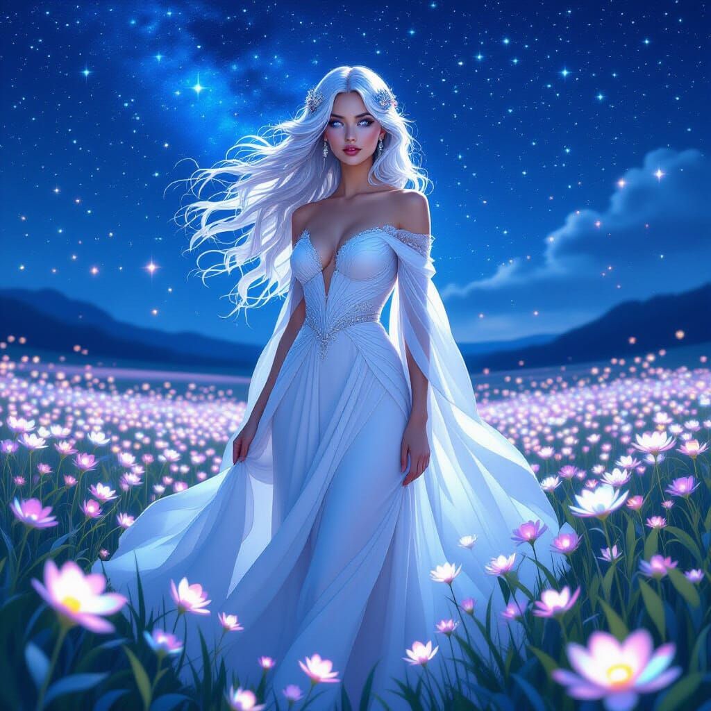 Ethereal Woman in Bioluminescent Field, Art Nouveau