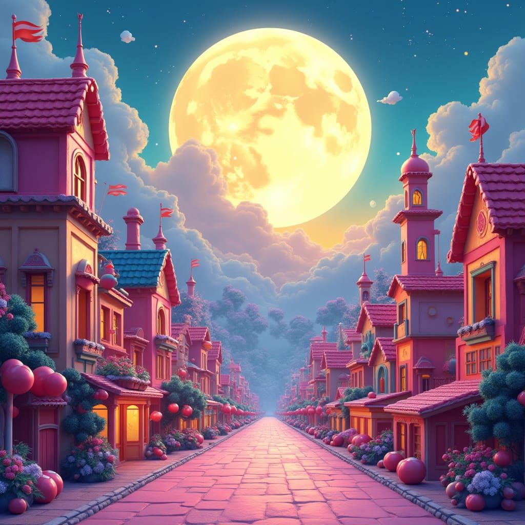 Rainbow Candy City Backlit by Moon, Digital Illustration