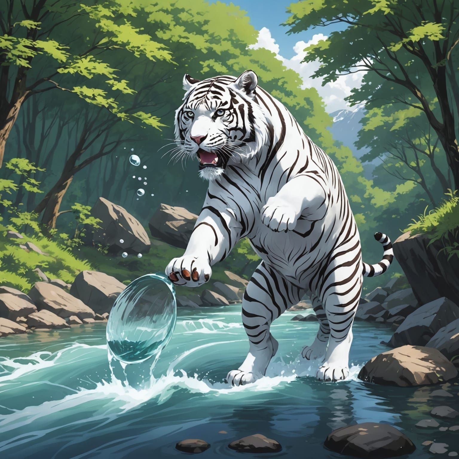 White Tiger Drinking: Anime-Inspired River Scene