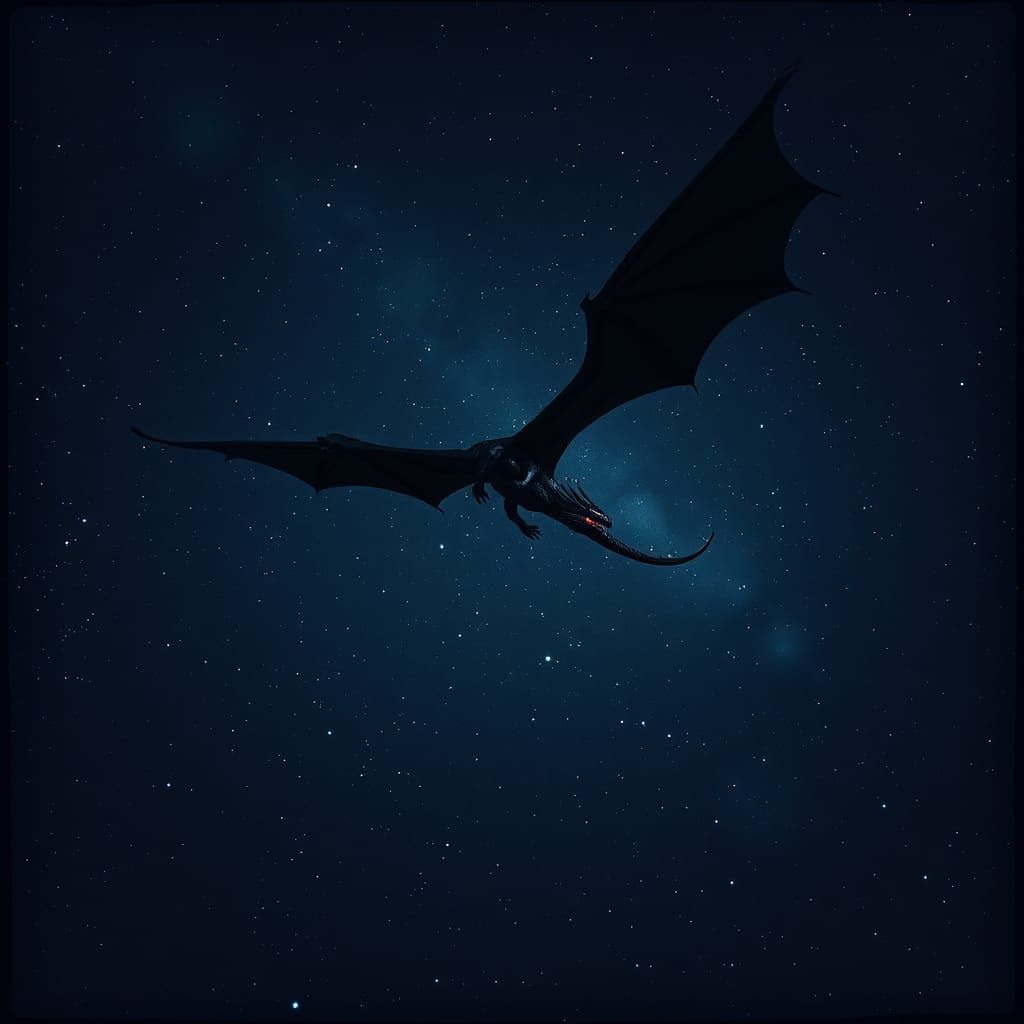Black Dragon Soaring Through Starry Sky