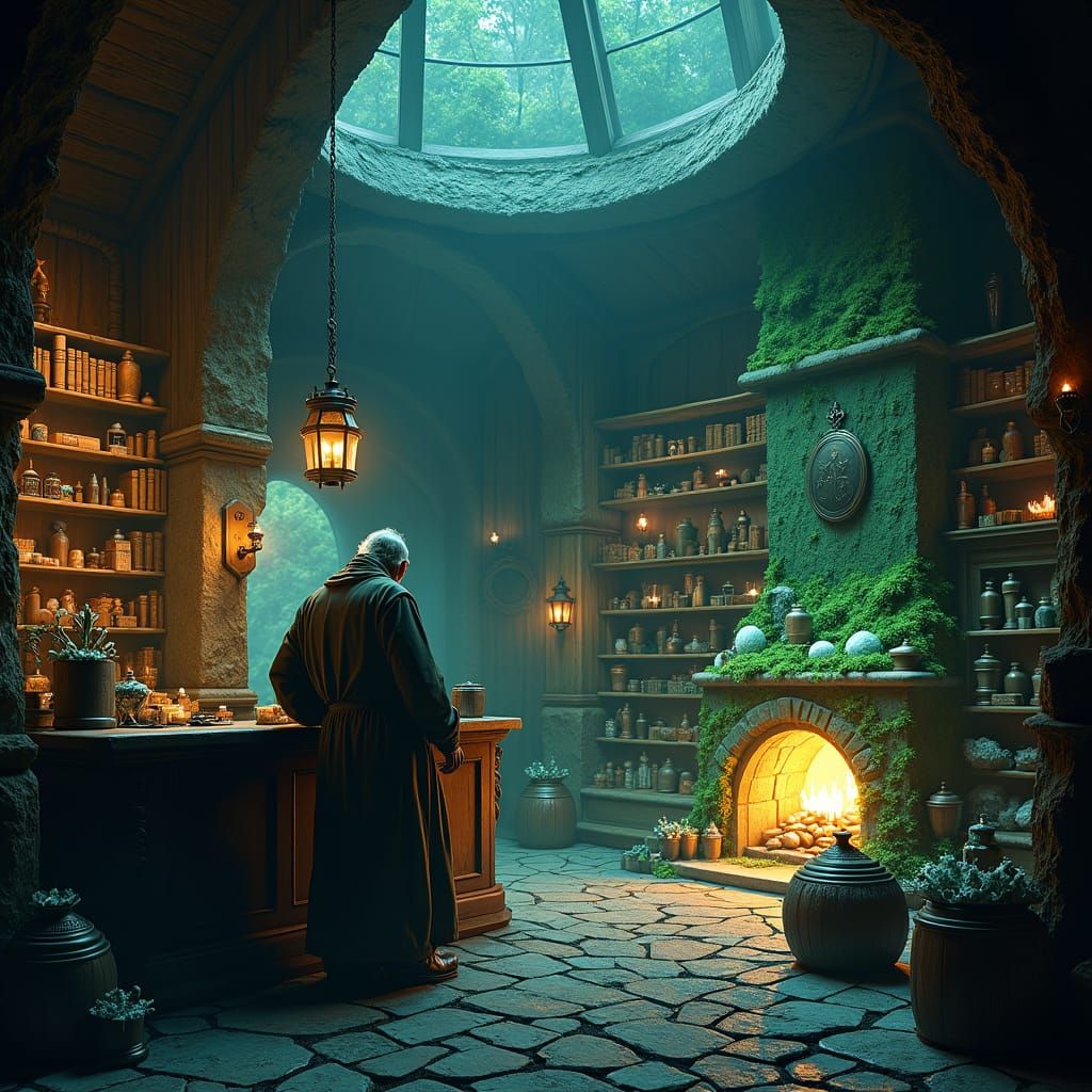 Mystical Potion Shop with Elderly Cashier