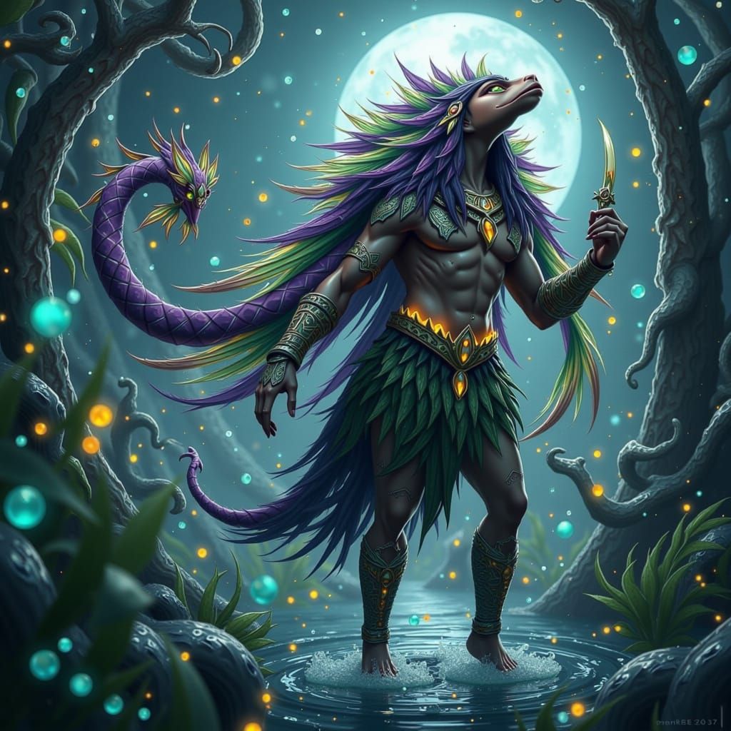 Surreal Quetzalcóatl Figure Emerges from Moonlit Ocean Waves...