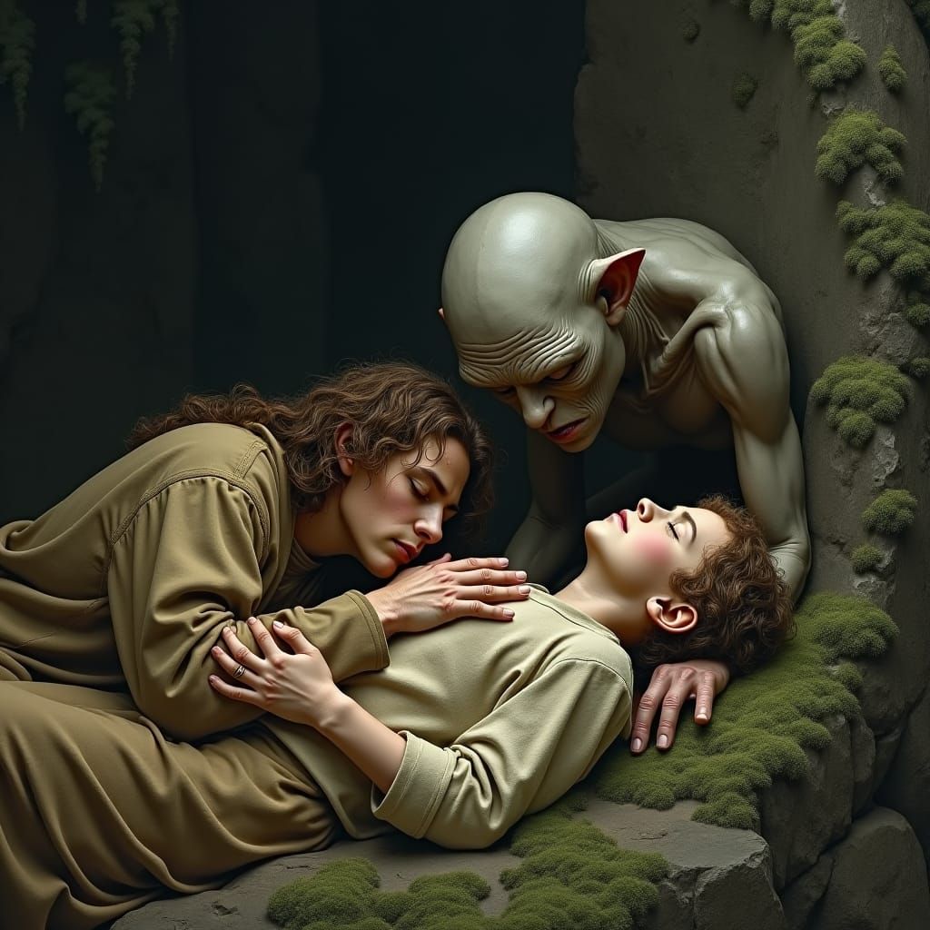 Hobbits in Slumber: Serene Scene Inspired by Rembrandt
