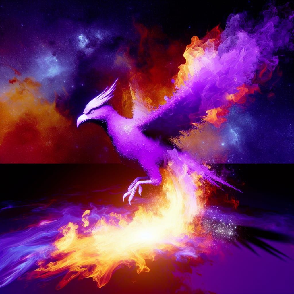 Purple Phoenix being reborn. L, purple, flames, space