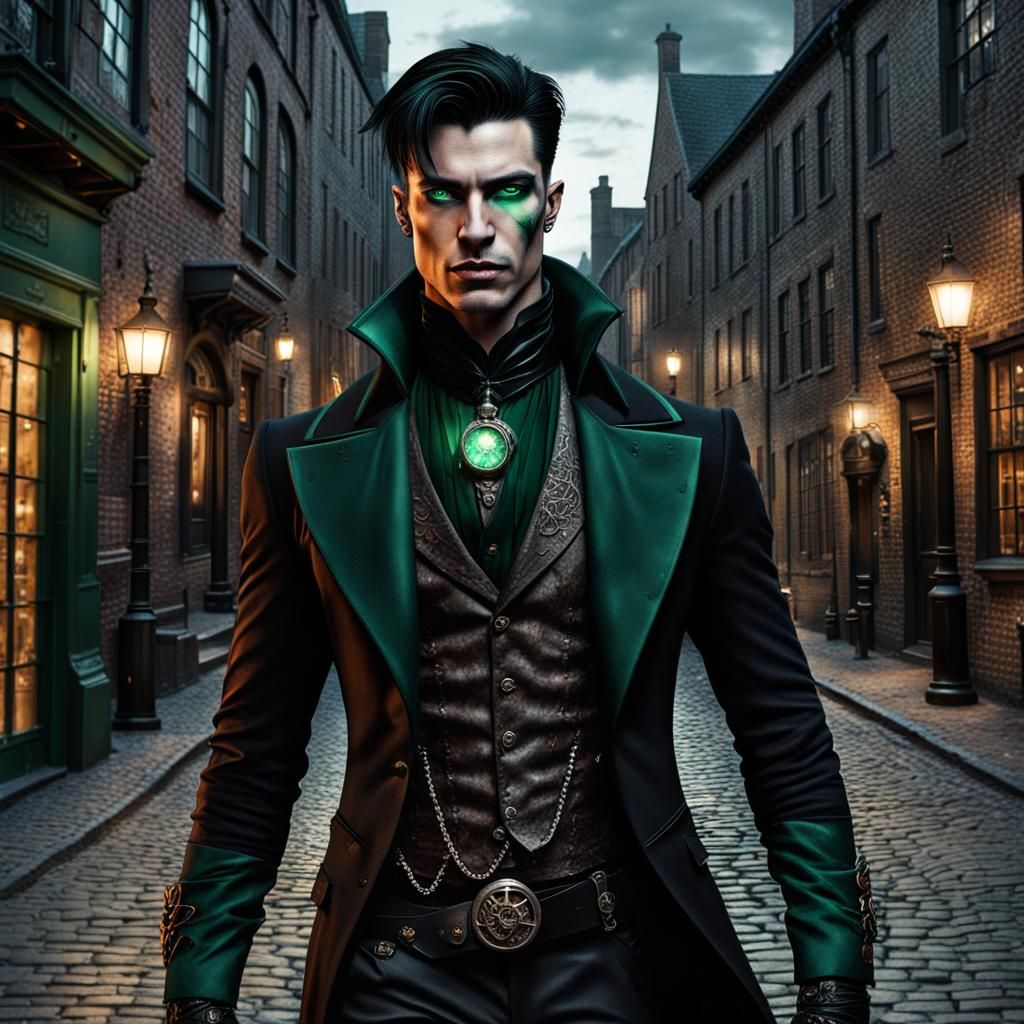 Steampunk Vampire Hybrid in Gothic City, Hyperrealism