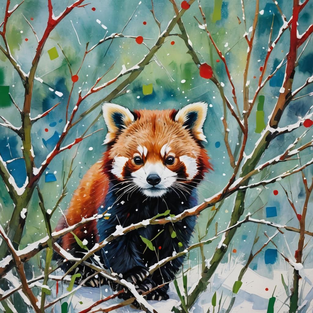 Red Panda in Snow as Abstract Expressionism