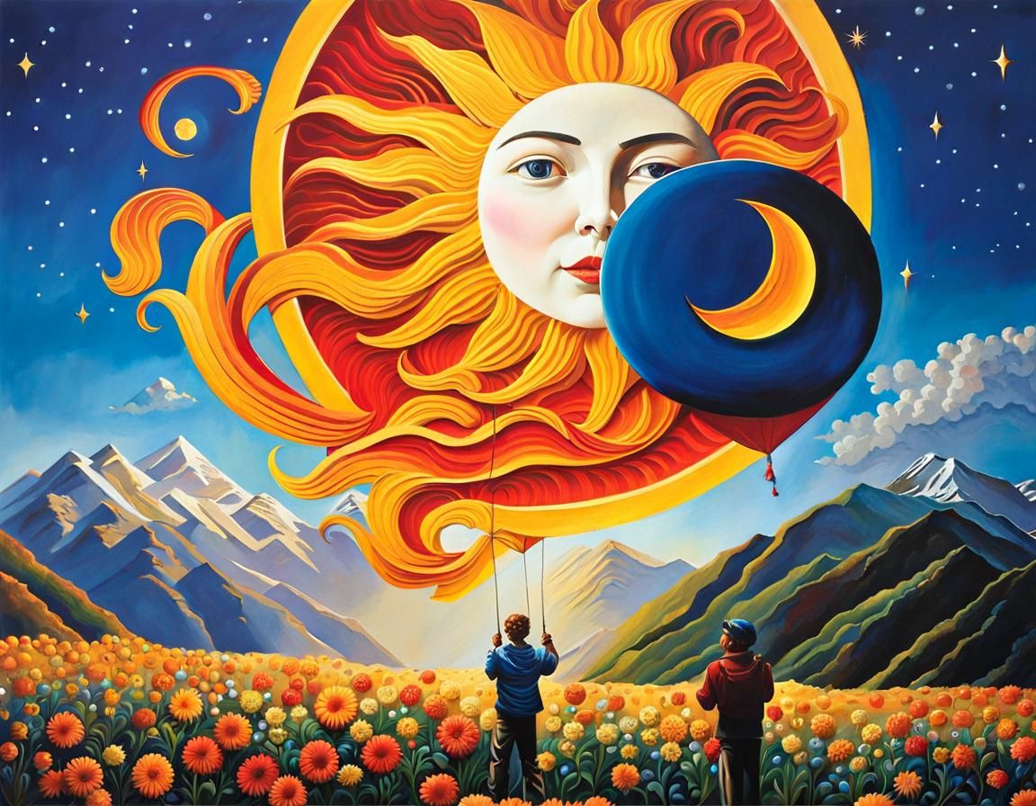 Himalayan Sunset: Sun and Moon Kites in Gouache Style