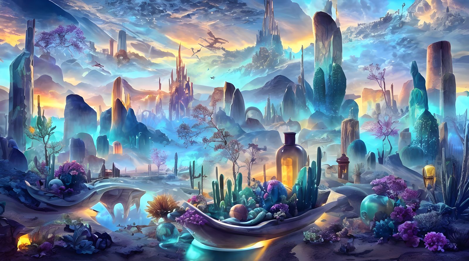 Dieselpunk Oasis in Surreal Desert Sunset