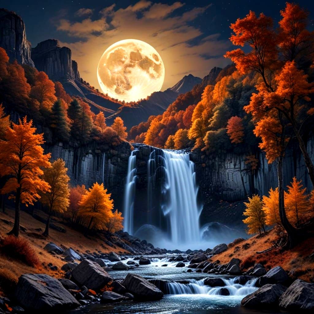 Autumn Waterfall Under Moonlight