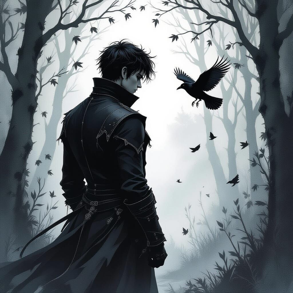 Melancholy Figure in Dark Forest, Watercolor Style