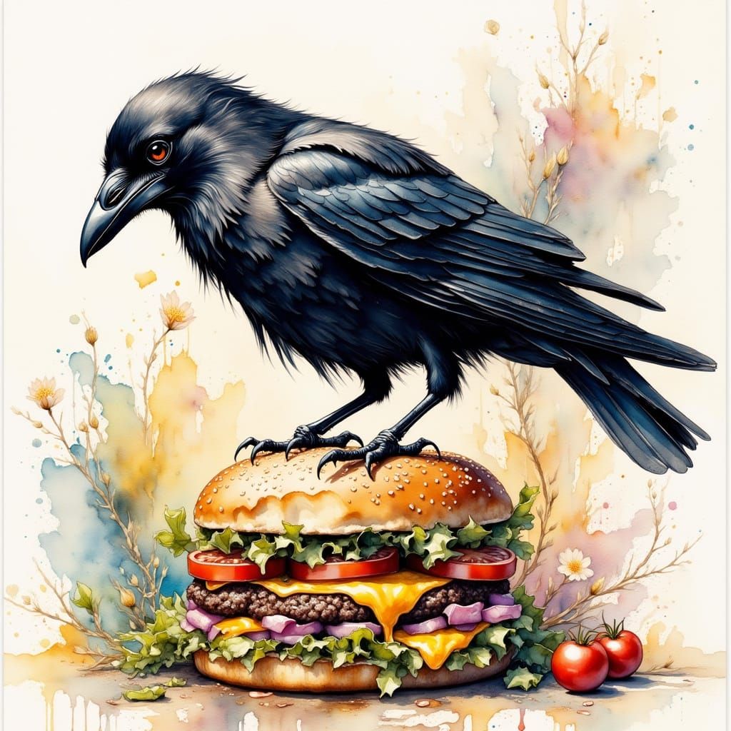 Mysterious Raven Sits atop a Vibrant Burger