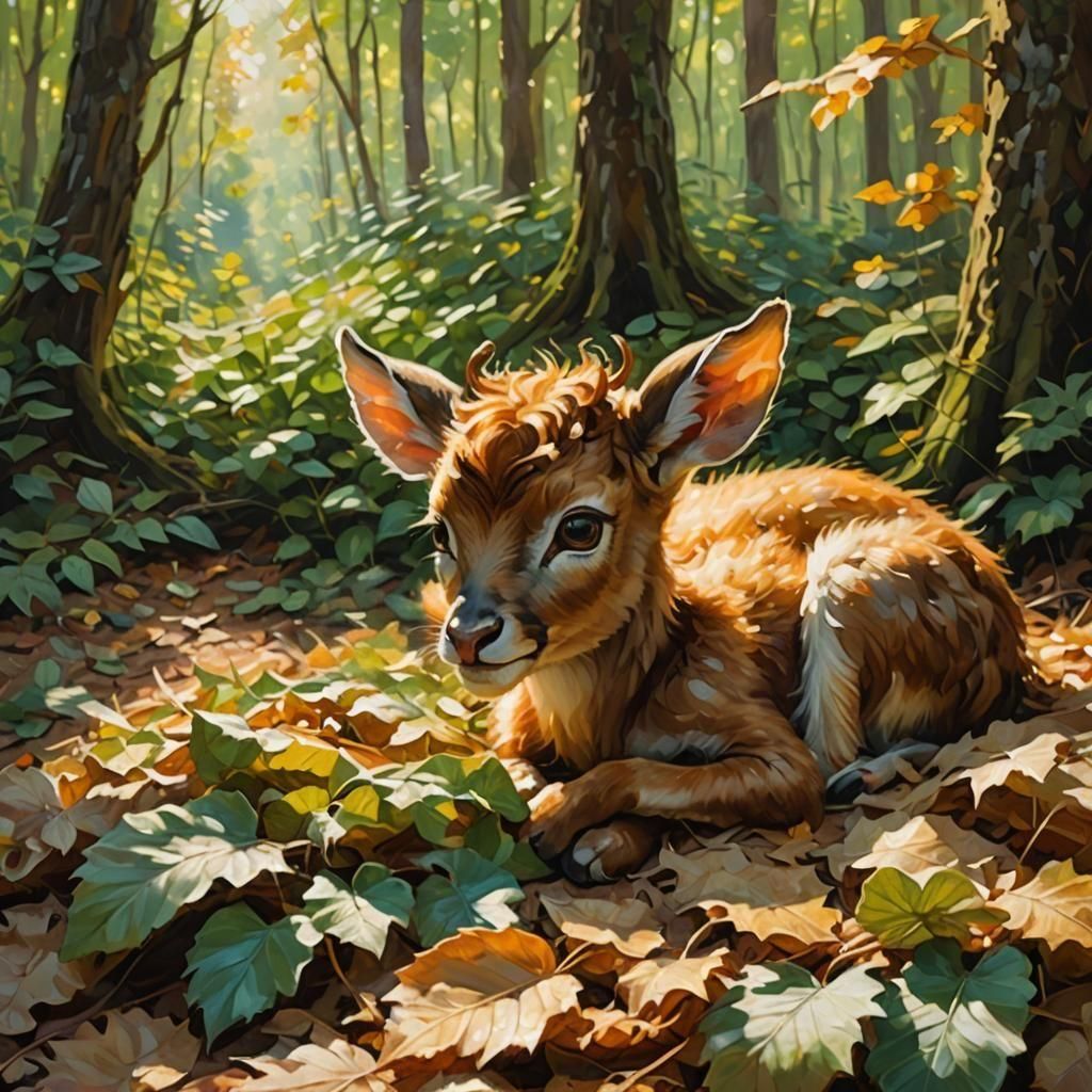 Impressionistic Baby Fawn on Bed of Leaves