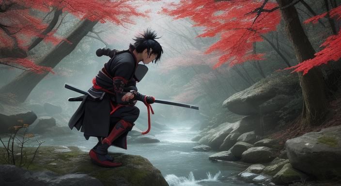 detailed 4k ninja samurai exorcist eating jinn battle red maple forest stream random animals