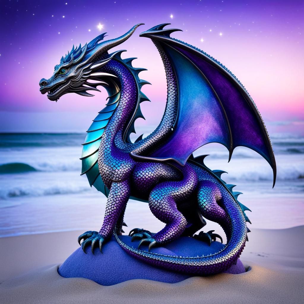 Whimsical Dragon Sculpture Under Purple Stars