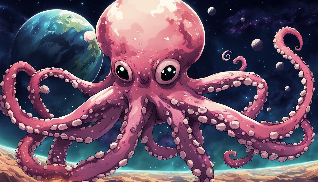Space Octopus Devouring Planet in Anime Style