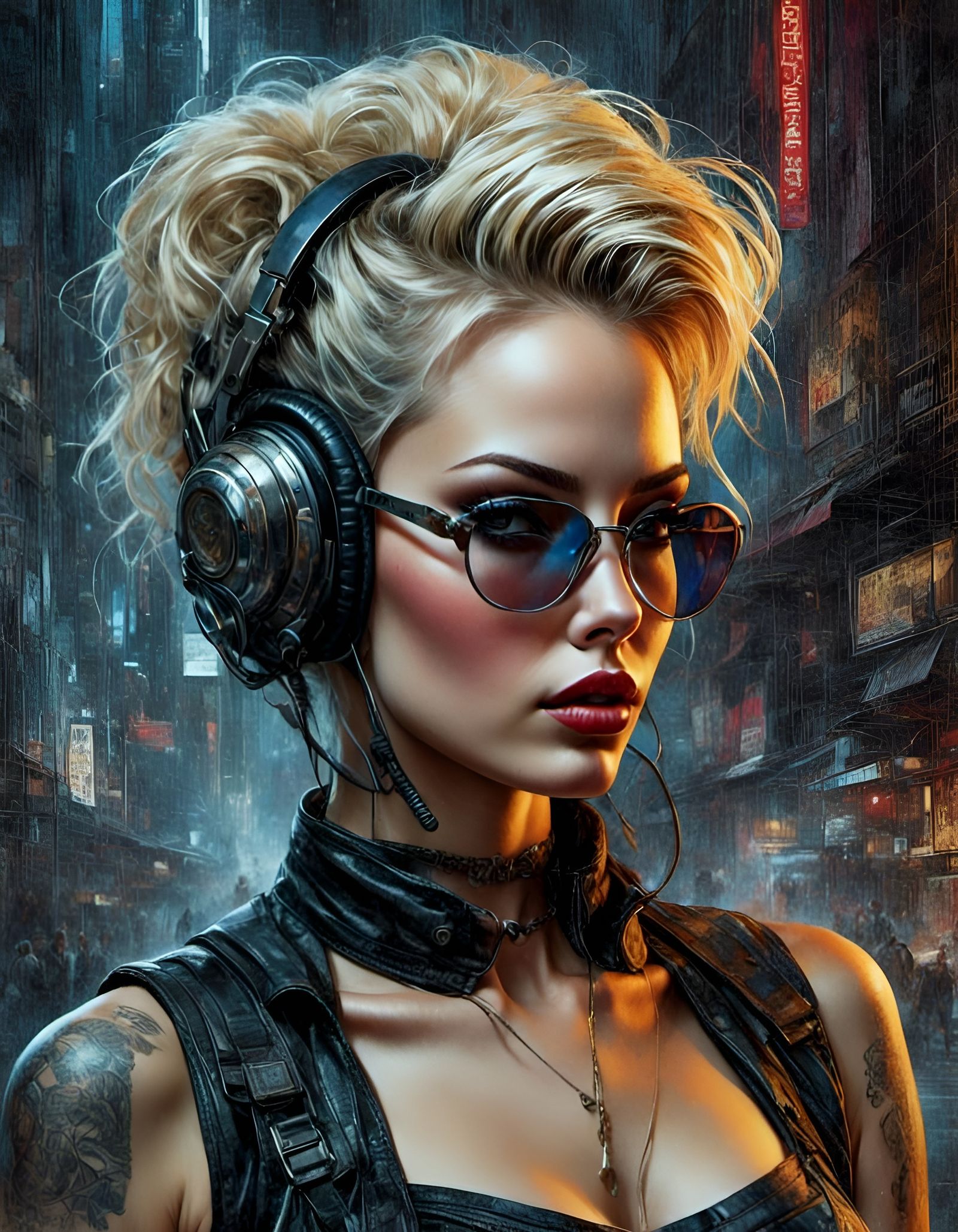 Cyberpunk Rockabilly Pinup in Retro Watercolor Style