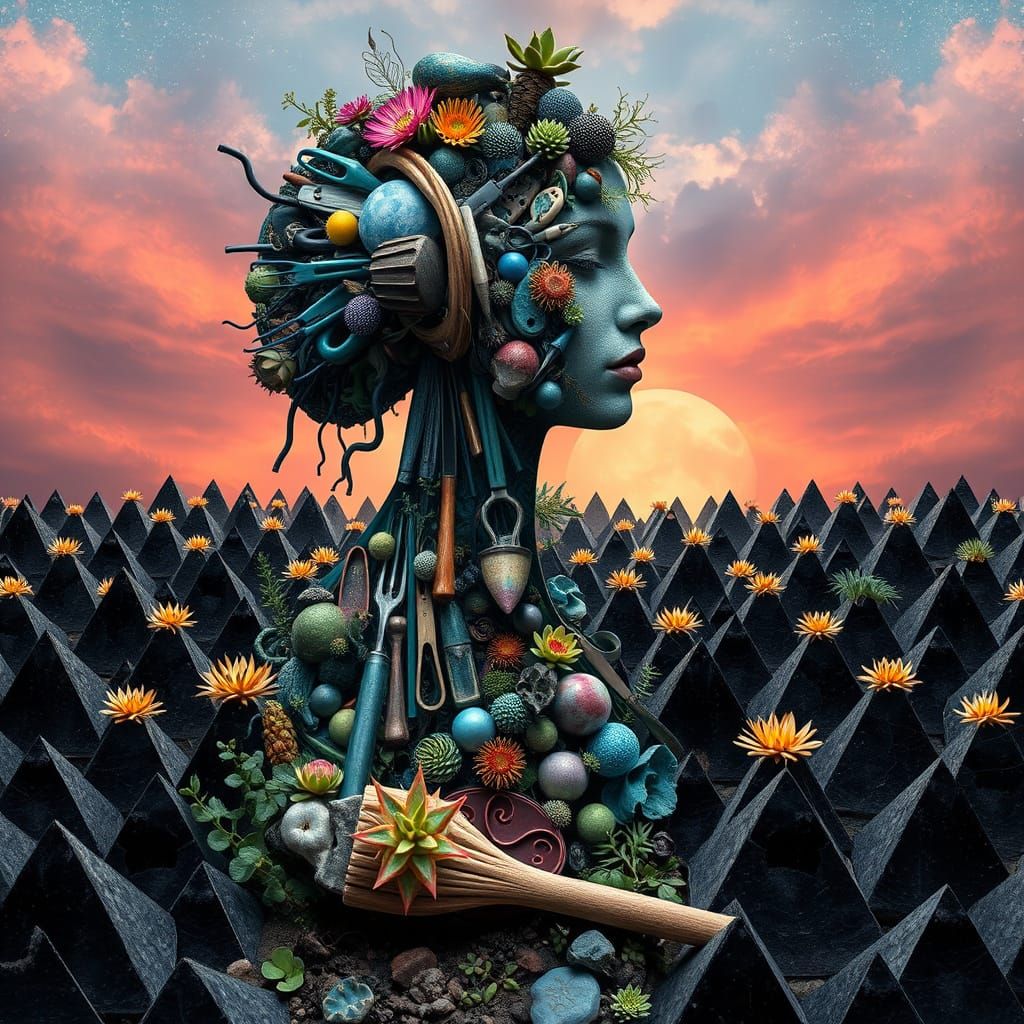 Vibrant Woman Made of Kitchen Tools in a Surreal Landscape