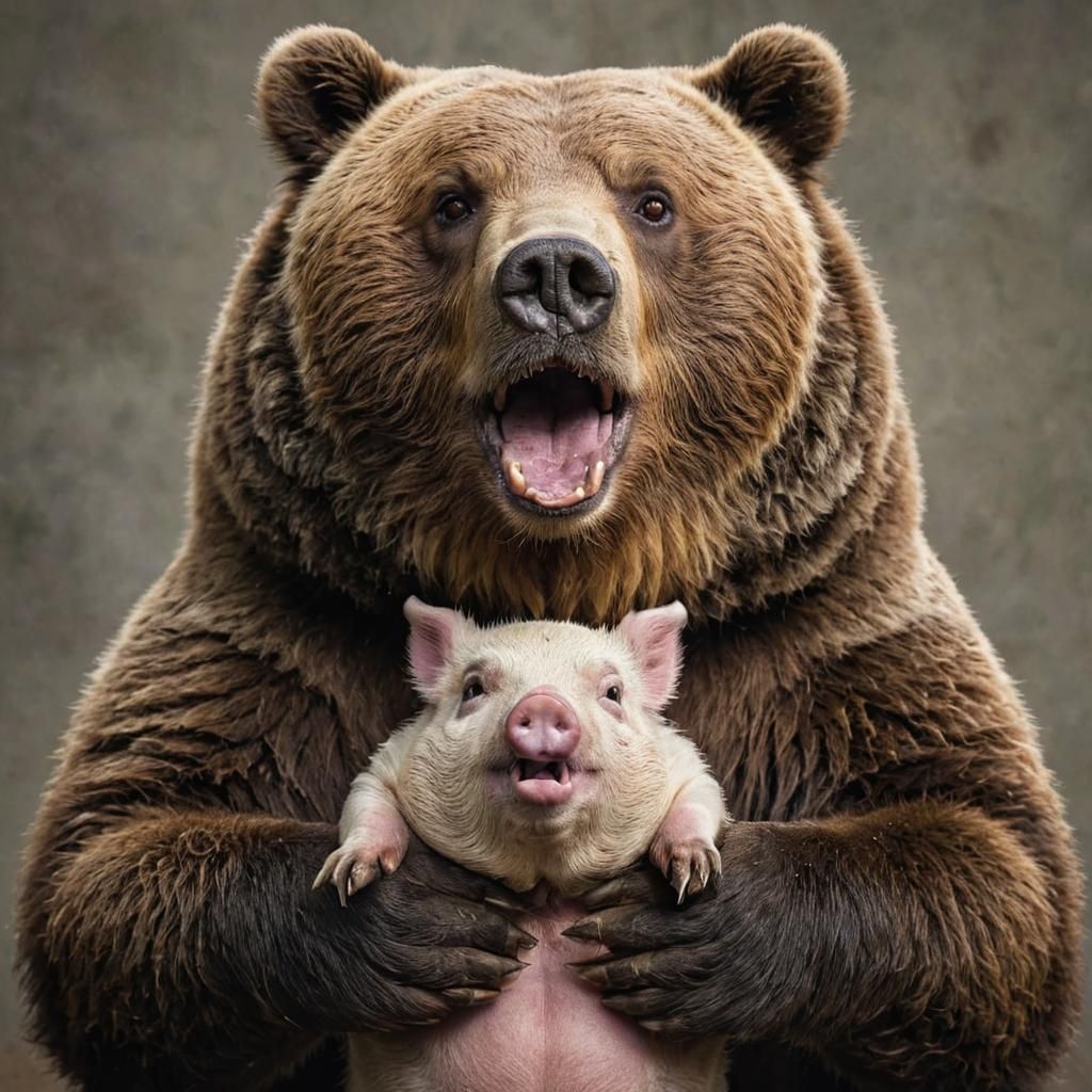 Surprised Grizzly Bear Holding a Piglet Photograph